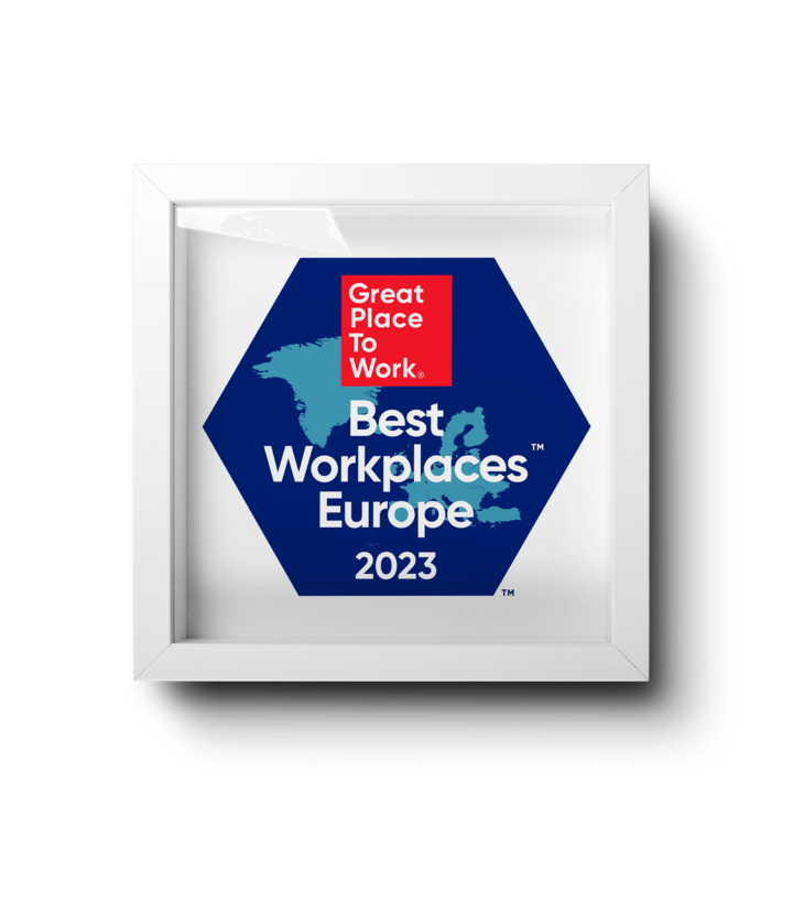 Auszeichnung Great Place to Work Best Workplaces Europe 2023 für Hofmann Personal als attraktiver Arbeitgeber in der Zeitarbeit.